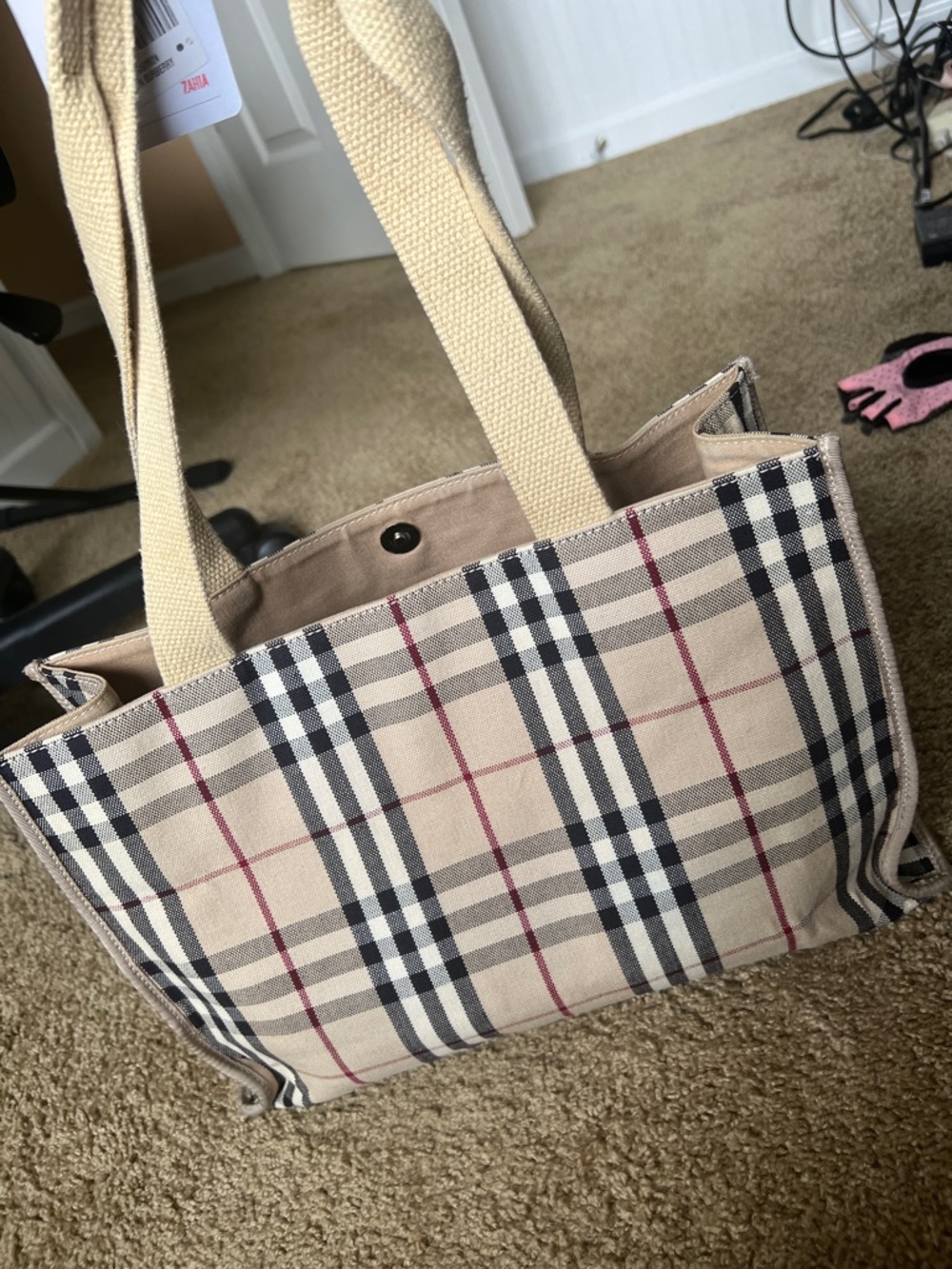 Beige Plaid Canvas Duffel with Navy and Burgundy Accent - Picture 5 of 9